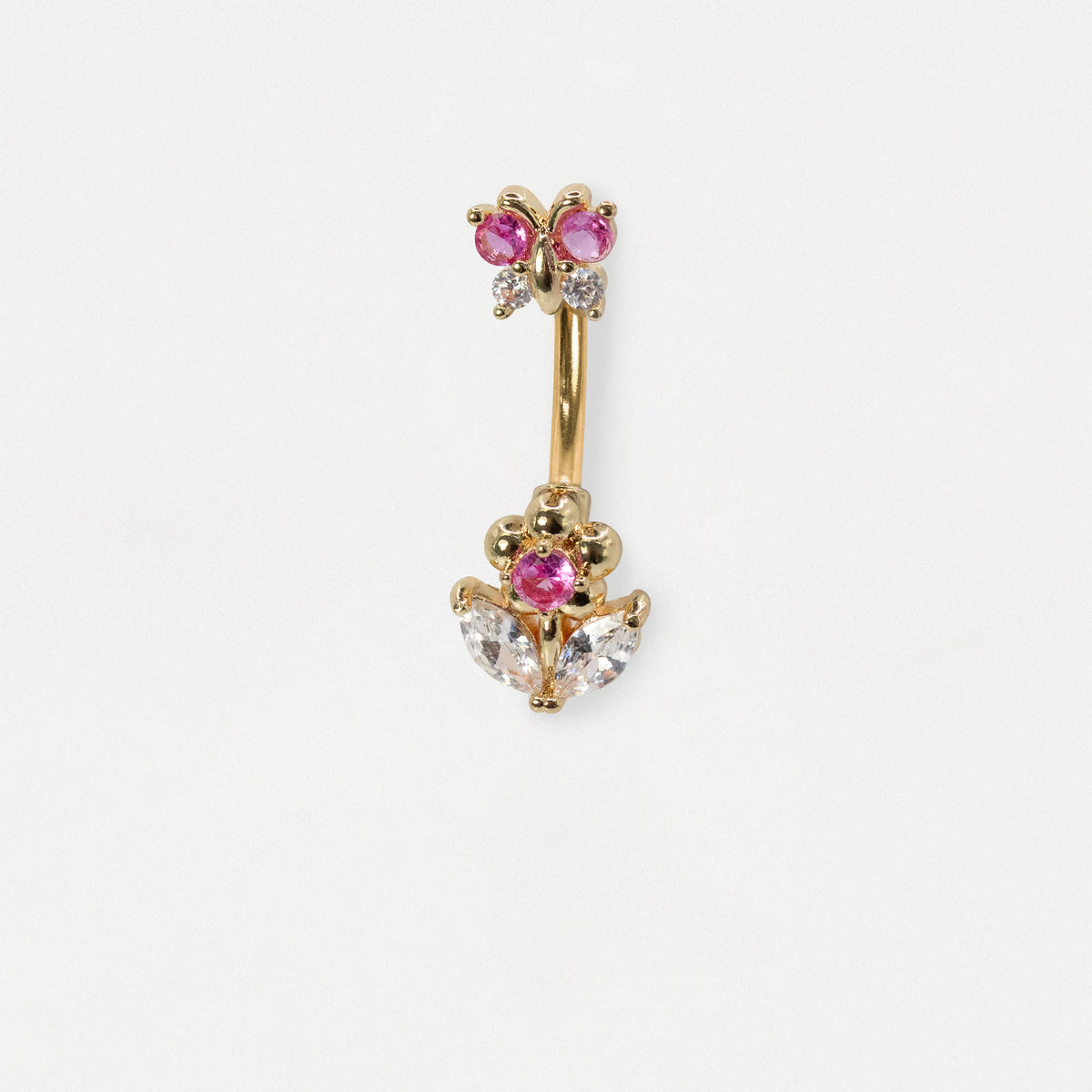front image of a gold finish steel belly  bar with a butterfly top and a flower bottom set with pink and clear gems