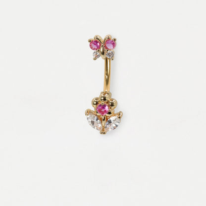 front image of a gold finish steel belly  bar with a butterfly top and a flower bottom set with pink and clear gems