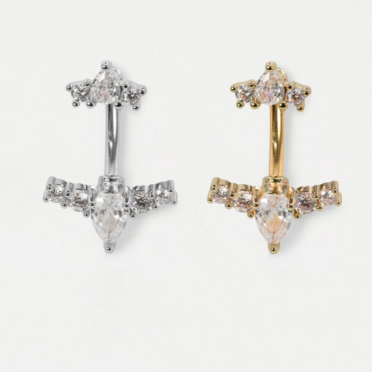316L Steel & Gold PVD Pear & Fan Crystal Belly Bar