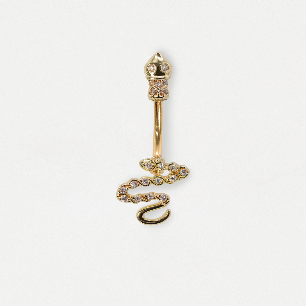 Front image of a Gold serpent snake belly bar with clear crystal pave detailing and a snake top  by Kingsley Ryan Wholesale
