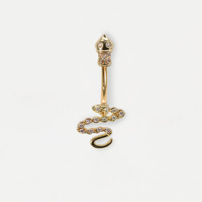Front image of a Gold serpent snake belly bar with clear crystal pave detailing and a snake top  by Kingsley Ryan Wholesale