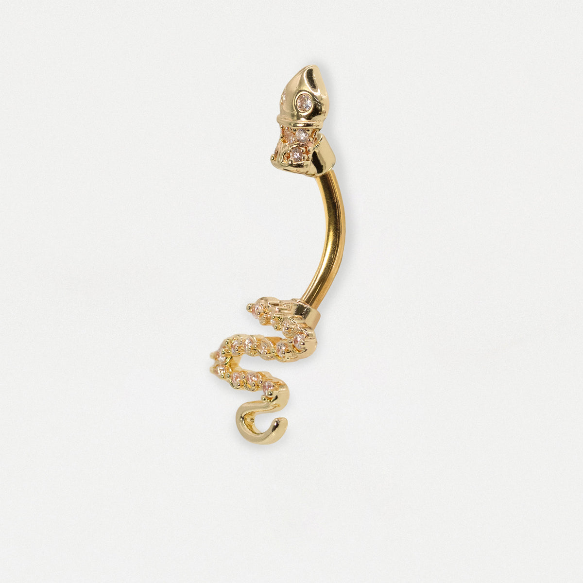 Side image of a Gold PVD Steel dangling serpent snake belly bar with crystal pave detailing and crown top ball by Kingsley Ryan Wholesale