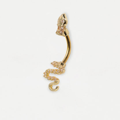Side image of a Gold PVD Steel dangling serpent snake belly bar with crystal pave detailing and crown top ball by Kingsley Ryan Wholesale
