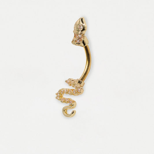 Side image of a Gold PVD Steel dangling serpent snake belly bar with crystal pave detailing and crown top ball by Kingsley Ryan Wholesale