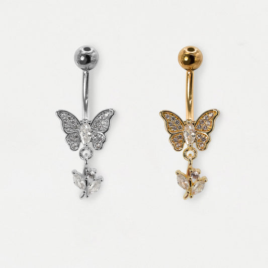 316L Steel & Gold PVD Butterfly & Marquise Leaf Belly Bar