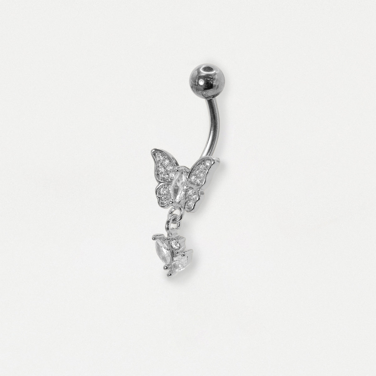 Side image of a  Steel belly bar with a pavé crystal butterfly and dangling marquise crystal leafs by Kingsley Ryan Wholesale