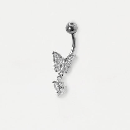 Side image of a  Steel belly bar with a pavé crystal butterfly and dangling marquise crystal leafs by Kingsley Ryan Wholesale