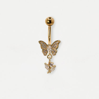 Front image of a Gold PVD Steel belly bar featuring a pavé crystal butterfly with dangling marquise crystal leaves by Kingsley Ryan Wholesale