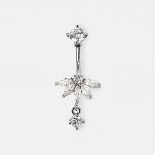 A steel belly button ring featuring a vertical barbell with a clear marquise-cut gemstone cluster and dangling clear stones, shown on a plain light background.