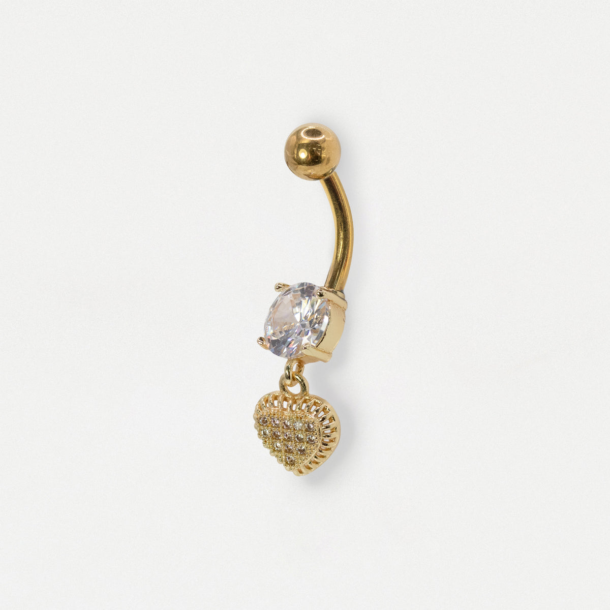 Gold belly bar featuring a large claw-set round clear crystal and a dangling textured heart charm with clear crystal pavé setting by Kingsley Ryan Wholesale