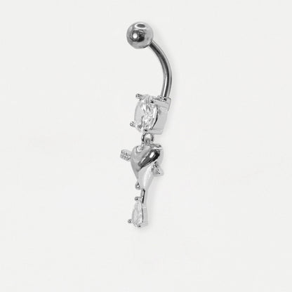 A Steel belly bar from the side showing the heart dangle and pear crystal charm from the Kingsley Ryan wholesale body jewellery collection