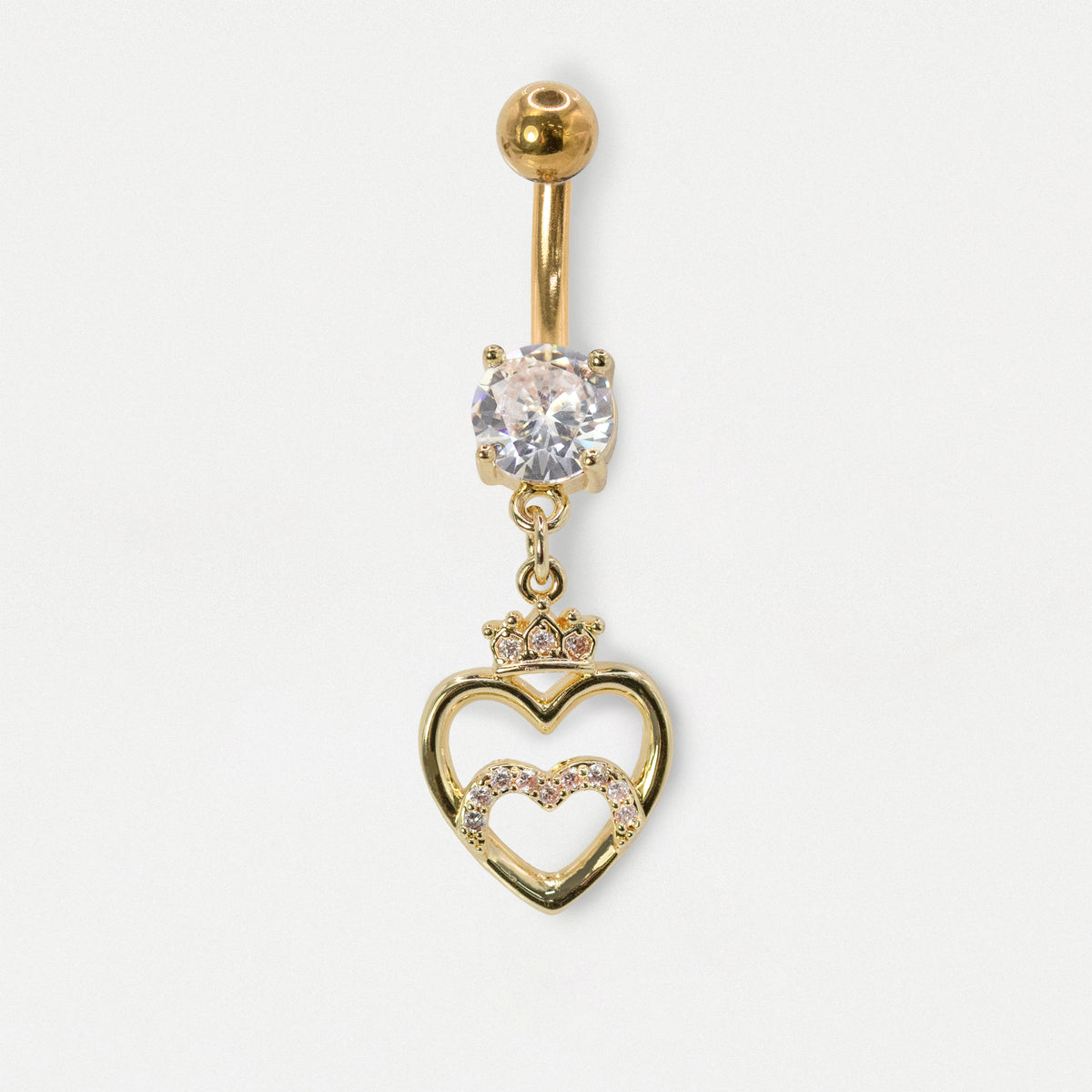 A Gold PVD Steel belly bar with a round clear crystal and an open heart dangle charm topped with a mini crown and clear crystal pavé by Kingsley Ryan Wholesale