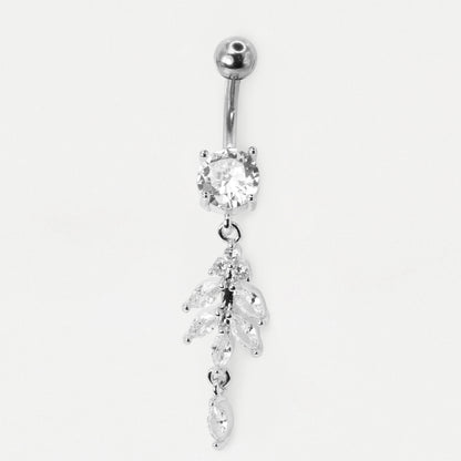 The images shows a  Steel belly bar featuring a round clear crystal and a 15mm dangling botanical vine charm with marquise crystal leaves and a small teardrop by Kingsley Ryan Wholesale