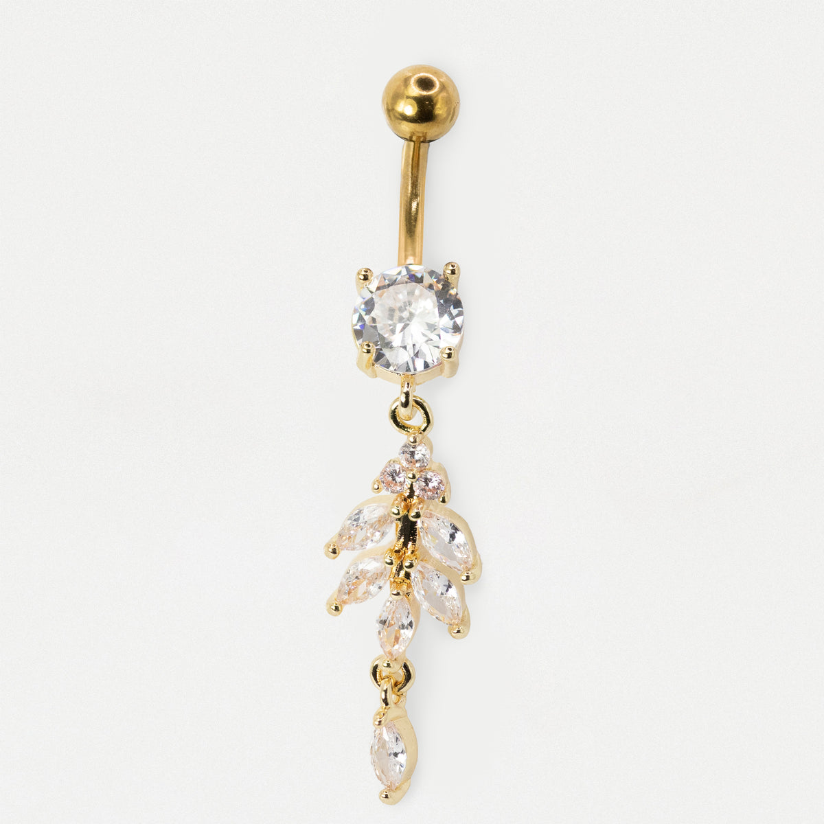This is a  Gold PVD Steel belly bar with a round clear crystal and a dangling vine charm set with marquise crystal by Kingsley Ryan Wholesale  