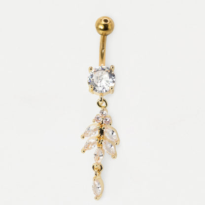 This is a  Gold PVD Steel belly bar with a round clear crystal and a dangling vine charm set with marquise crystal by Kingsley Ryan Wholesale  