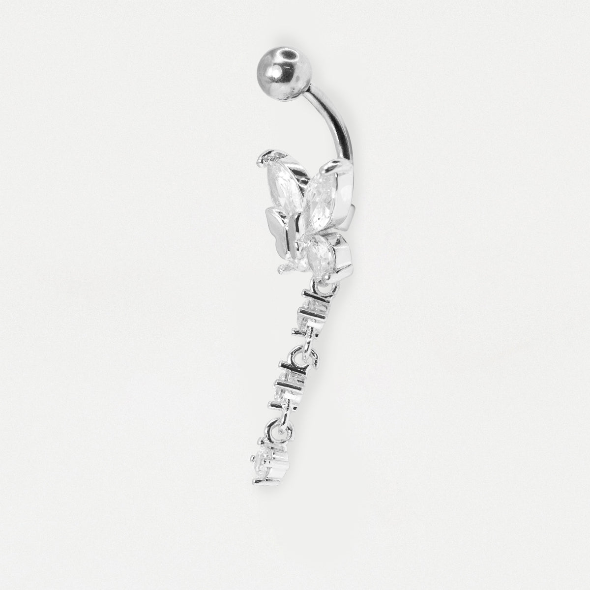 A side view of a Steel belly bar with a butterfly design set with clear crystal marquise and round stones by Kingsley Ryan Wholesale
