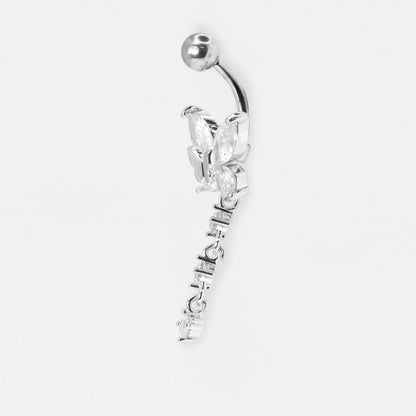 A side view of a Steel belly bar with a butterfly design set with clear crystal marquise and round stones by Kingsley Ryan Wholesale