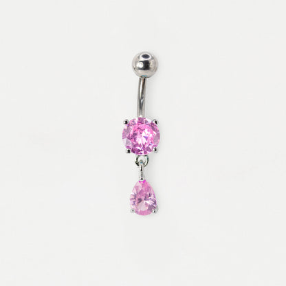 A  Steel belly bar featuring a claw-set round gemstone top element and a matching dangling pear-cut teardrop charm available in rose quartz by Kingsley Ryan Wholesale