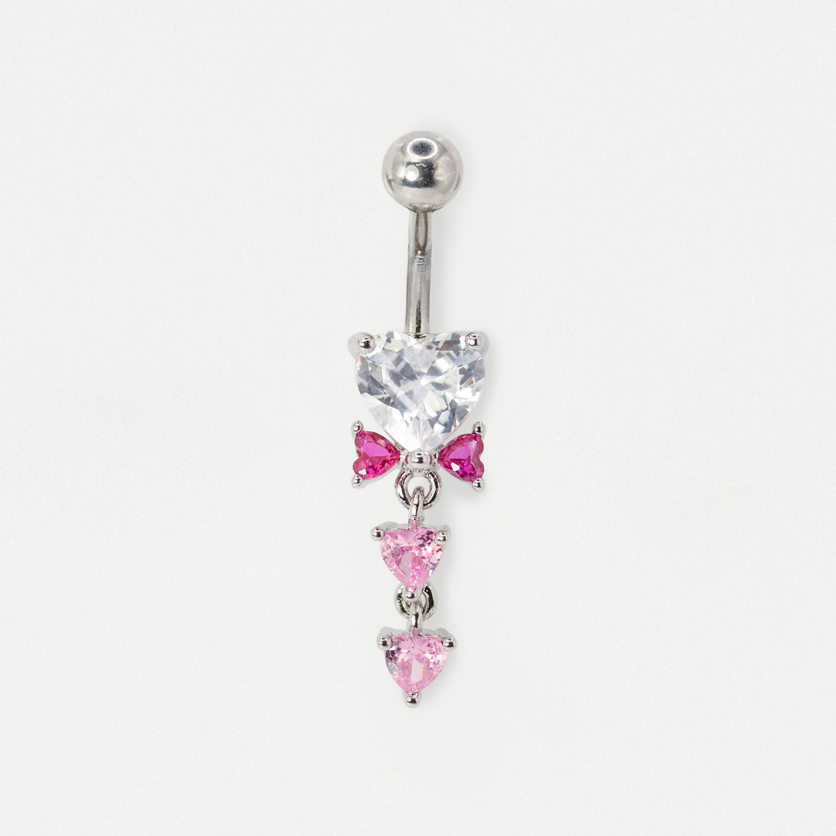 316L Steel Heart & Bow Rose Quartz and Fuchsia Dangle Belly Bar