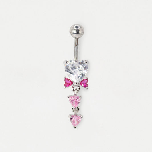 316L Steel Heart & Bow Rose Quartz and Fuchsia Dangle Belly Bar
