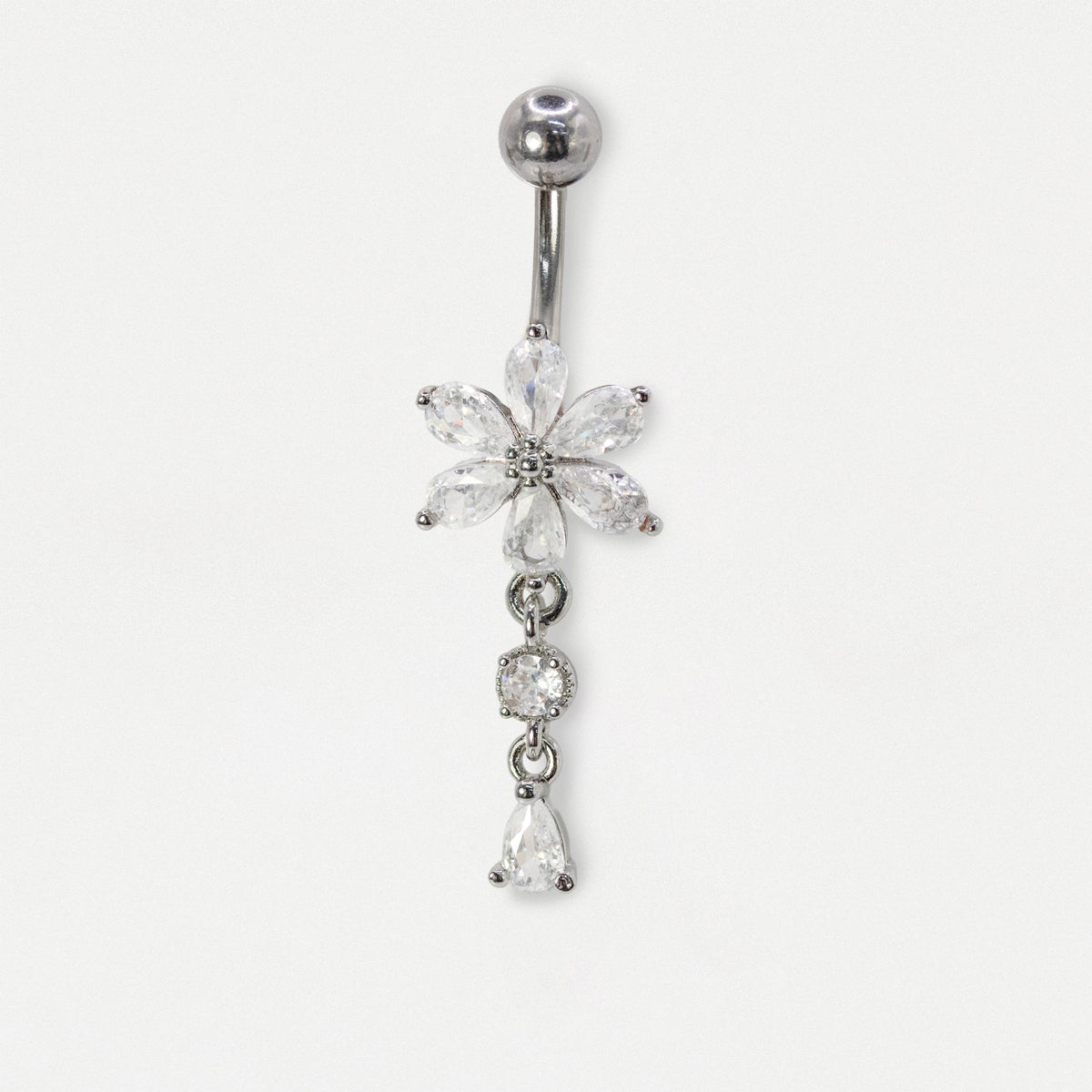 Steel Crystal Flower Teardrop Belly Bar