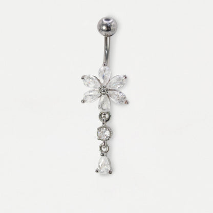 Steel Crystal Flower Teardrop Belly Bar