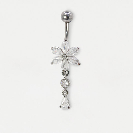Steel Crystal Flower Teardrop Belly Bar