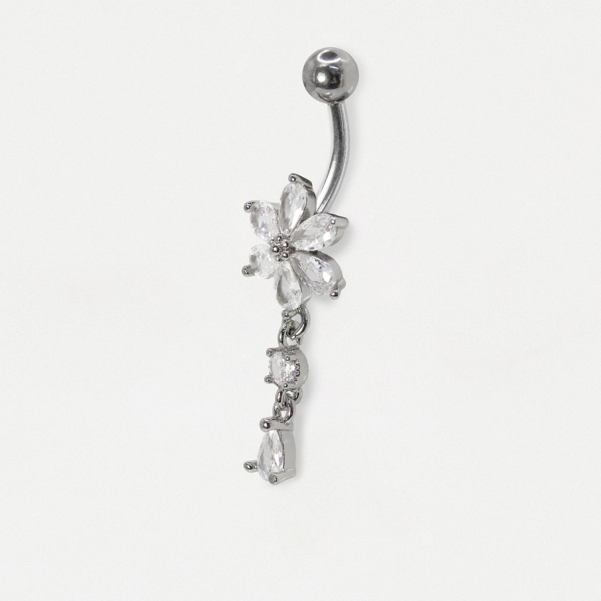 Steel Crystal Flower Teardrop Belly Bar