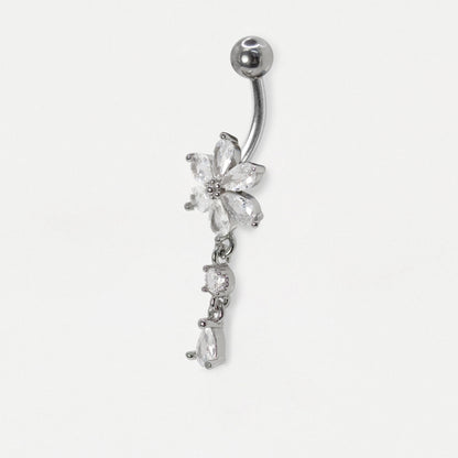 Steel Crystal Flower Teardrop Belly Bar