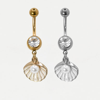 Steel & Gold PVD Shell Pearl Belly Bar