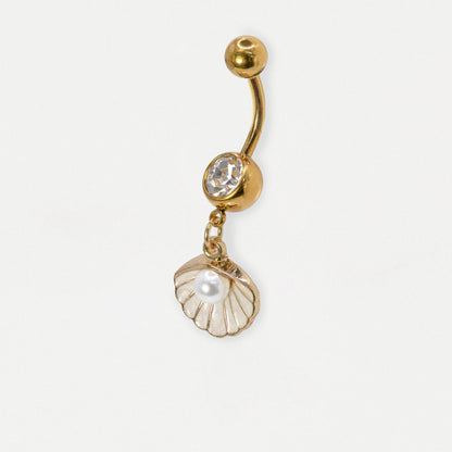 Steel & Gold PVD Shell Pearl Belly Bar