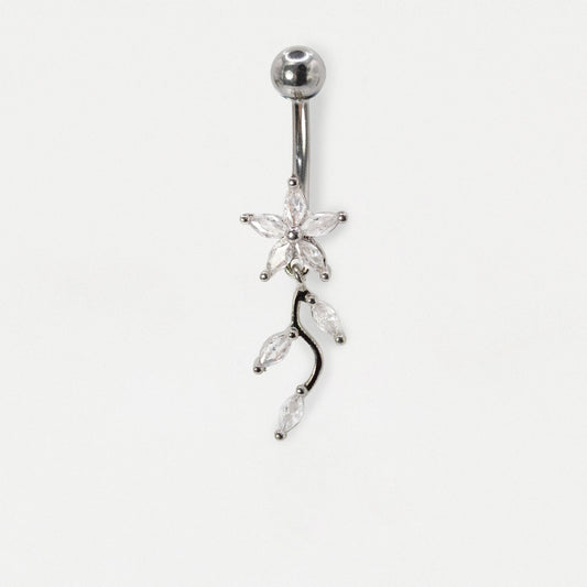 Steel Marquise Flower & Vine Dangle Navel Belly Bar