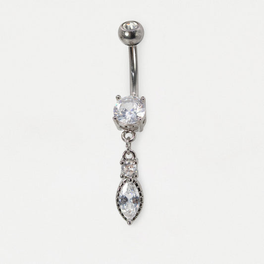 Steel Bezel Marquise Crystal Teardrop Belly Bar