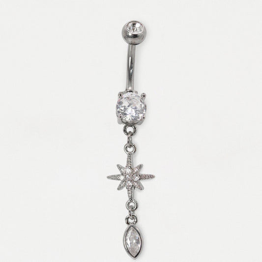 Steel Crystal Starburst & Teardrop Dangle Navel Belly Bar