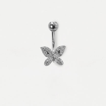 Steel & Gold PVD Pave Crystal Butterfly Navel Belly Bar