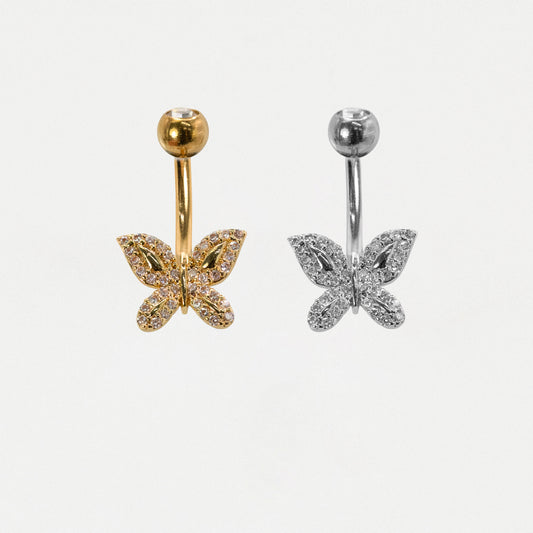 Steel & Gold PVD Pave Crystal Butterfly Navel Belly Bar
