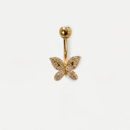 Steel & Gold PVD Pave Crystal Butterfly Navel Belly Bar
