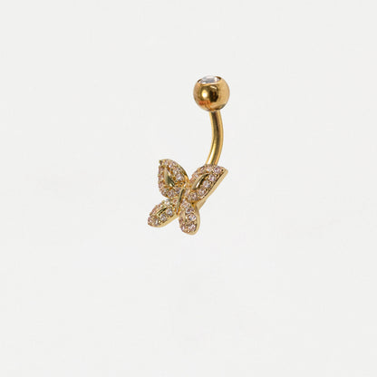 Steel & Gold PVD Pave Crystal Butterfly Navel Belly Bar