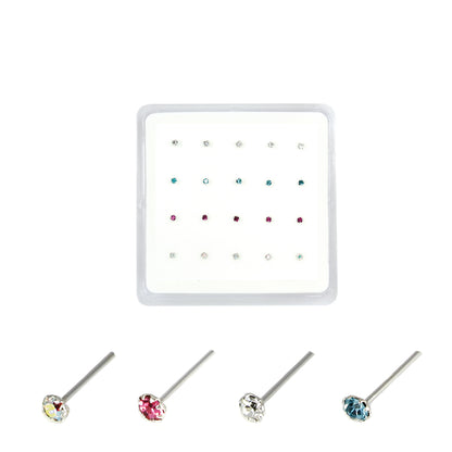 Silver Round Claw Set Nose Pins - 2mm, Assorted Colours