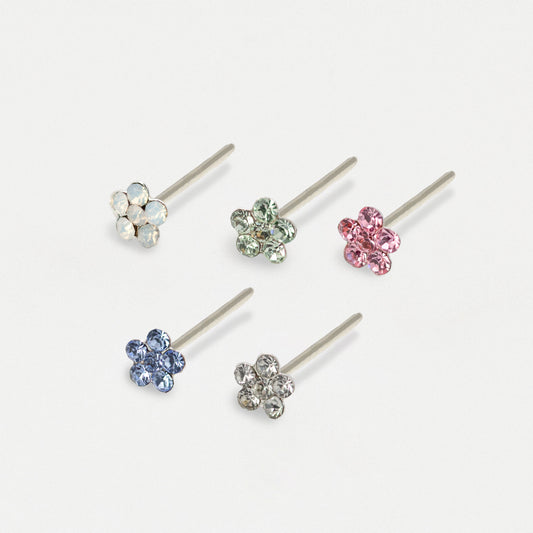 Silver Crystal Daisy Nose Stud - 4mm, Assorted Colours