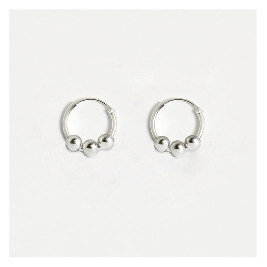 Silver Triple Bead Hoop Earrings - 10mm