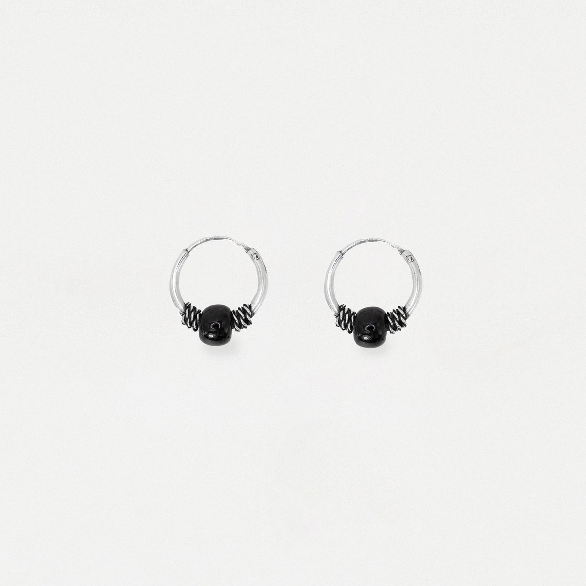 Silver Bali Hoop Earrings with Black Bead - 10mm