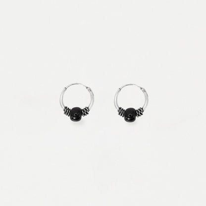Silver Bali Hoop Earrings with Black Bead - 10mm