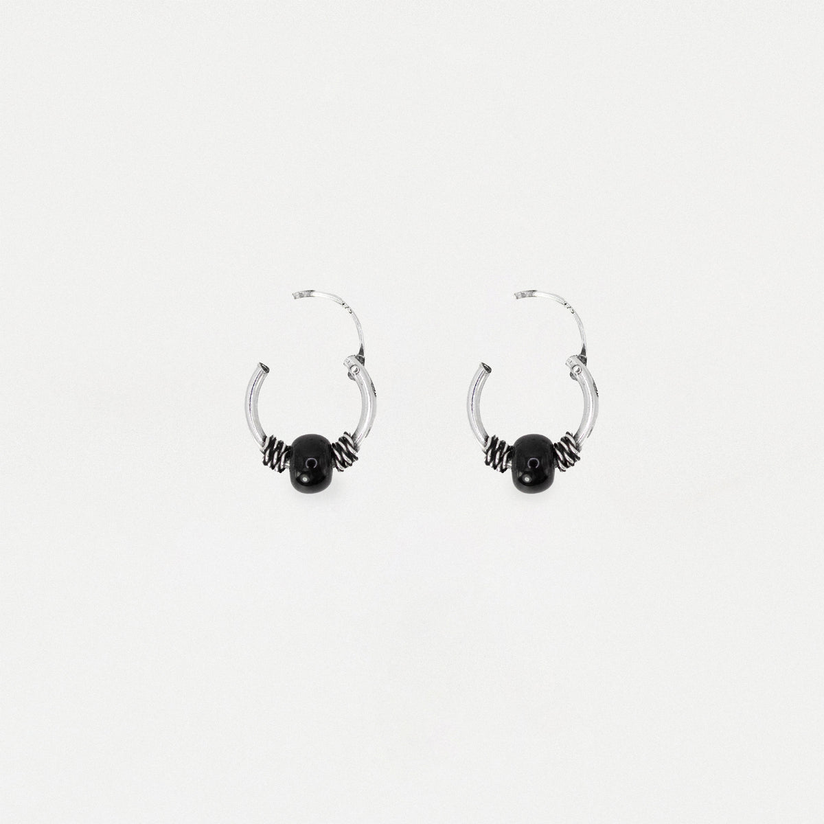 Silver Bali Hoop Earrings with Black Bead - 10mm