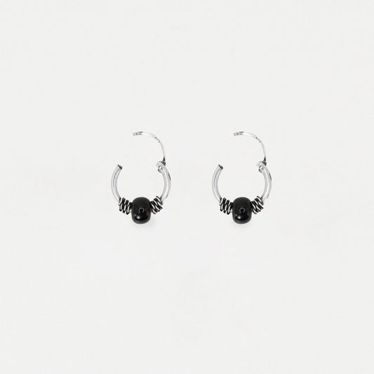 Silver Bali Hoop Earrings with Black Bead - 10mm
