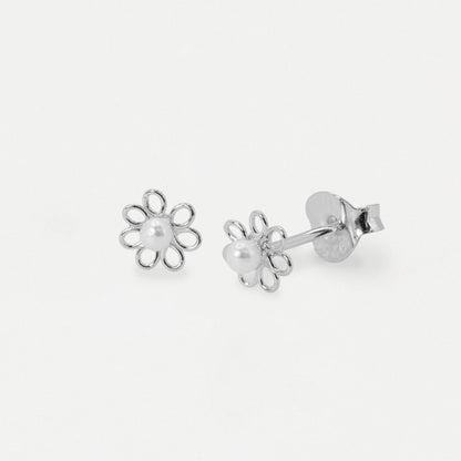Silver & Gold Plated Daisy Faux Pearl Ear Studs