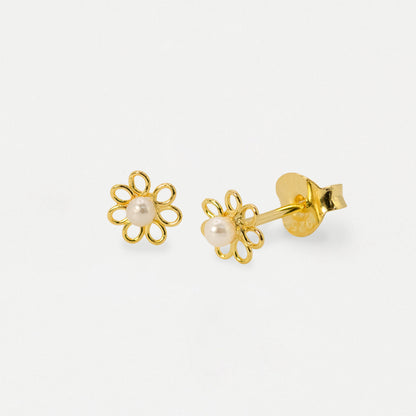 Silver & Gold Plated Daisy Faux Pearl Ear Studs