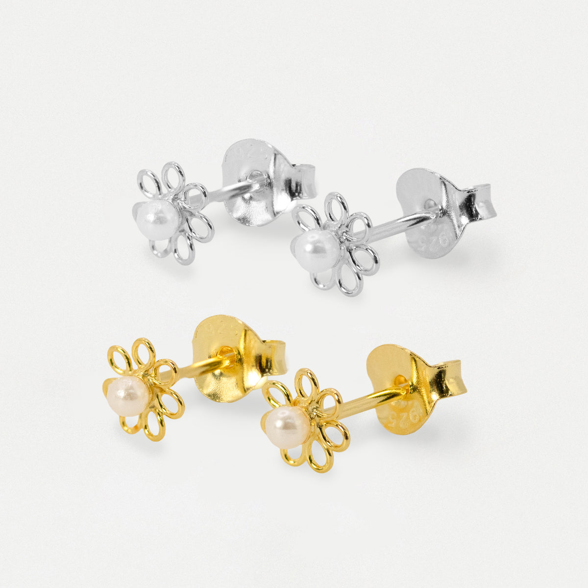Silver & Gold Plated Daisy Faux Pearl Ear Studs