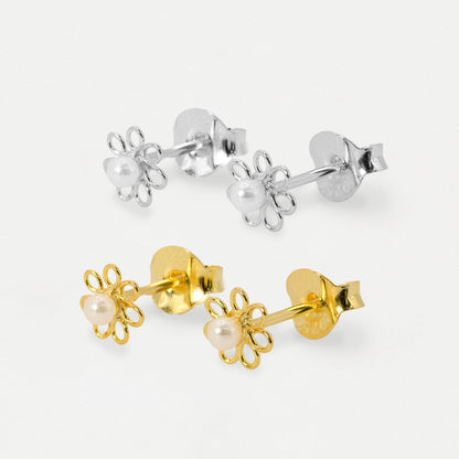 Silver & Gold Plated Daisy Faux Pearl Ear Studs