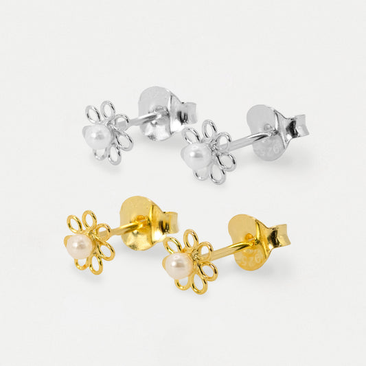 Silver & Gold Plated Daisy Faux Pearl Ear Studs